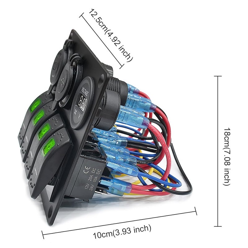 Garfour Green Waterproof Boat Rocker Switch Panel 3.1A Volt Dual USB Socket LED Light Voltmeter Cigarette Lighter Socket 4 Bang Rocker Switch Panel for Car RV SUV Boat - Image 4